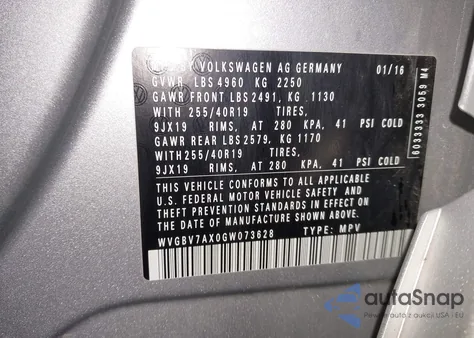 2016 Volkswagen Tiguan R-Line из США, поврежденный, VIN WVGBV7AX0GW073628